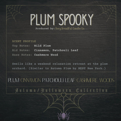 PLUM SPOOKY Wickless Luxury Candle: Plum Cinnamon Patchouli Leaf Cashmere Woods Scent