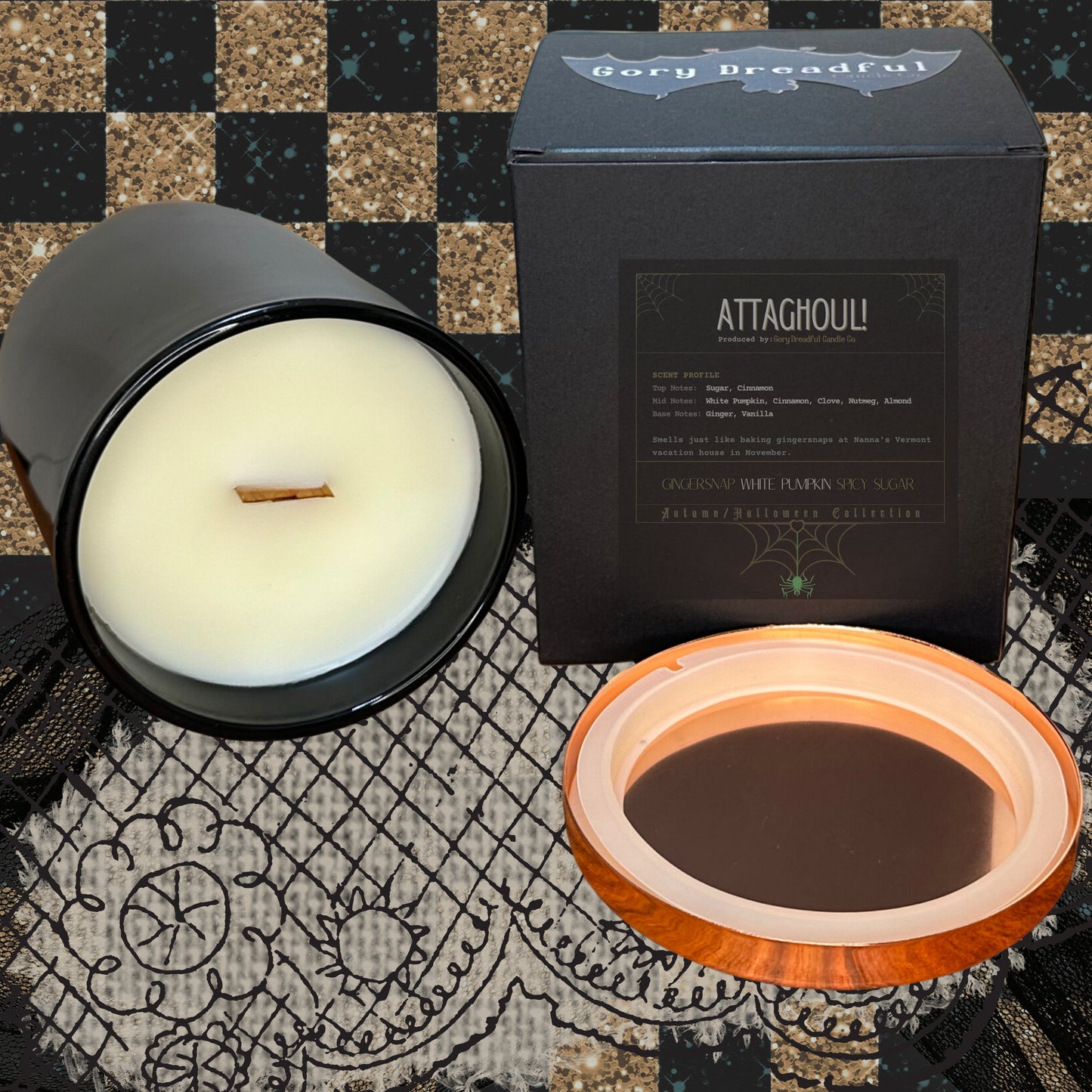 ATTAGHOUL! Crackling Wooden Wick Luxury Candle: Gingersnap White Pumpkin Spicy Sugar Scent