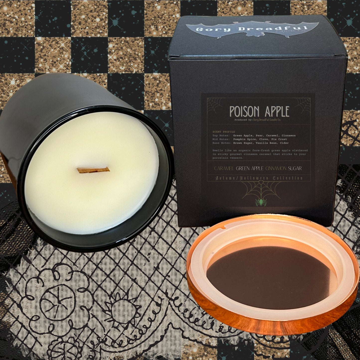 POISON APPLE Crackling Wooden Wick Luxury Candle: Caramel Green Apple Cinnamon Sugar Scent