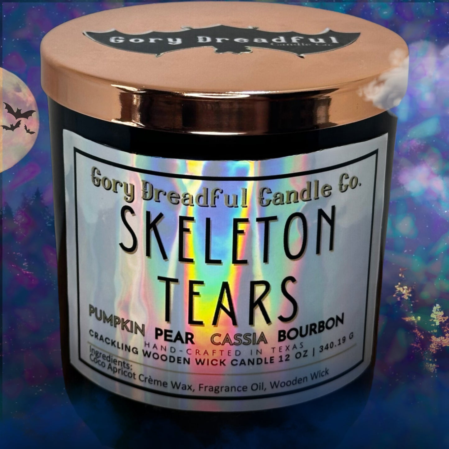 SKELETON TEARS Crackling Wooden Wick Luxury Candle: Pumpkin Pear Cassia Bourbon Scent