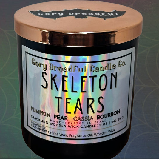 SKELETON TEARS Crackling Wooden Wick Luxury Candle: Pumpkin Pear Cassia Bourbon Scent