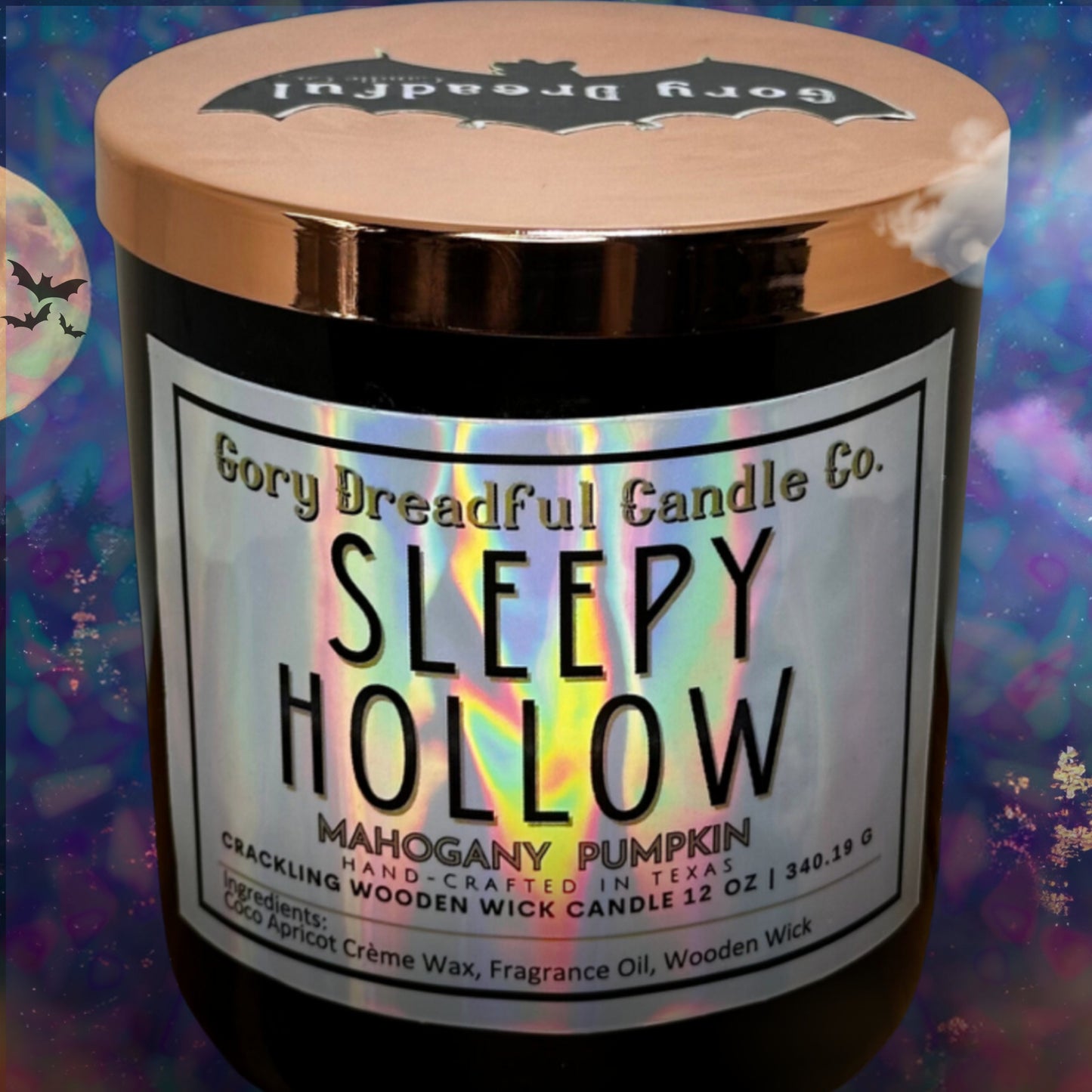 SLEEPY HOLLOW Crackling Wooden Wick Luxury Candle: Mahogany Pumpkin Scent