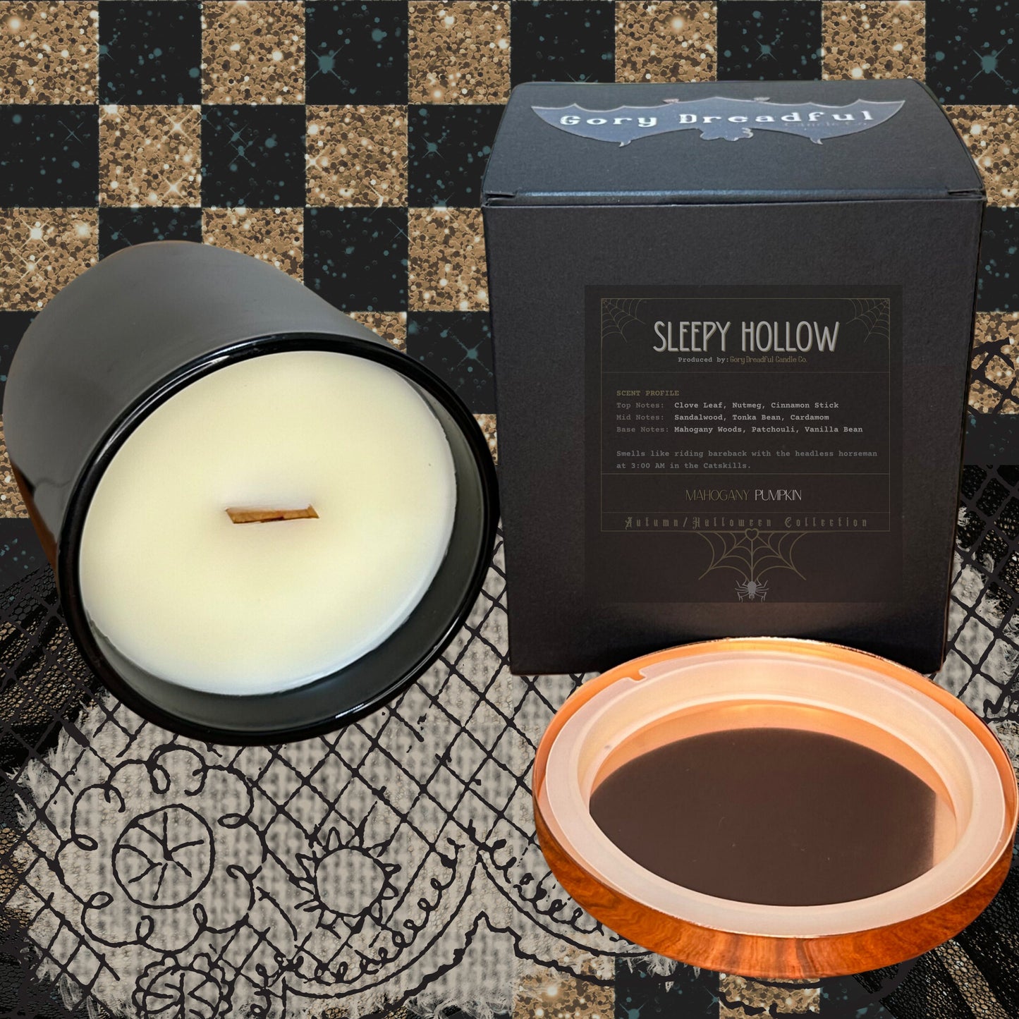 SLEEPY HOLLOW Crackling Wooden Wick Luxury Candle: Mahogany Pumpkin Scent