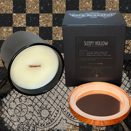 SLEEPY HOLLOW Crackling Wooden Wick Luxury Candle: Mahogany Pumpkin Scent