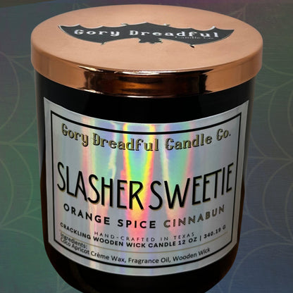 SLASHER SWEETIE Crackling Wooden Wick Luxury Candle: Orange Spice Cinnabun Scent