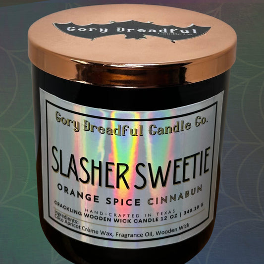 SLASHER SWEETIE Crackling Wooden Wick Luxury Candle: Orange Spice Cinnabun Scent