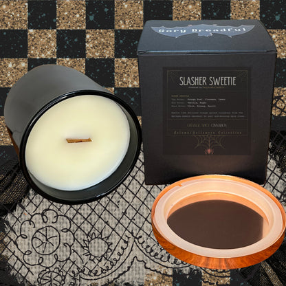 SLASHER SWEETIE Crackling Wooden Wick Luxury Candle: Orange Spice Cinnabun Scent