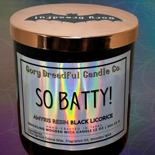 SO BATTY! Crackling Wooden Wick Luxury Candle: Amyris Resin Black Licorice Scent