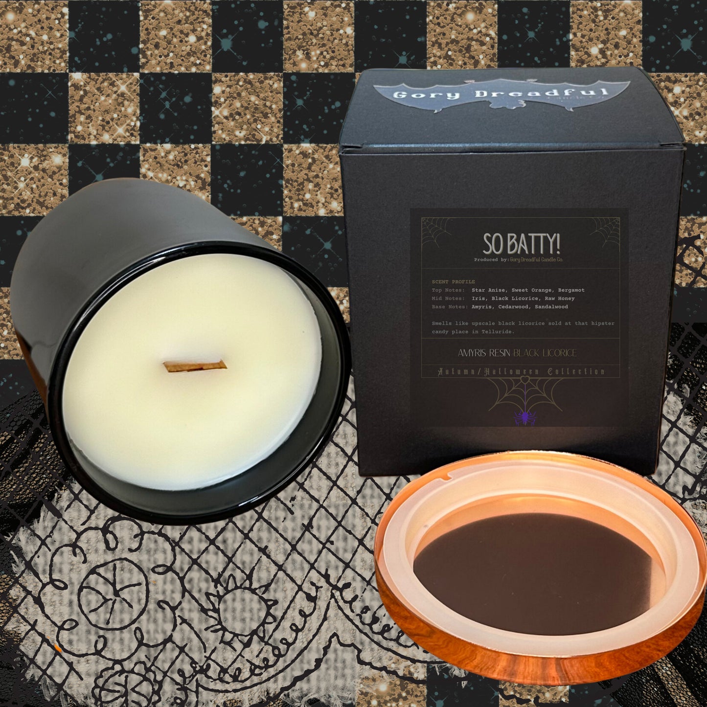 SO BATTY! Crackling Wooden Wick Luxury Candle: Amyris Resin Black Licorice Scent