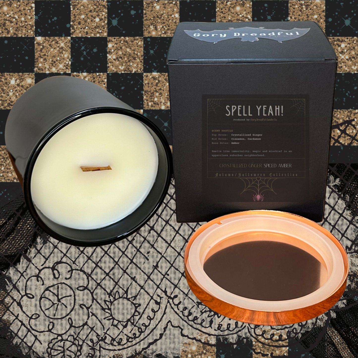 SPELL YEAH!  Crackling Wooden Wick Luxury Candle: Crystallized Ginger & Spiced Amber Scent