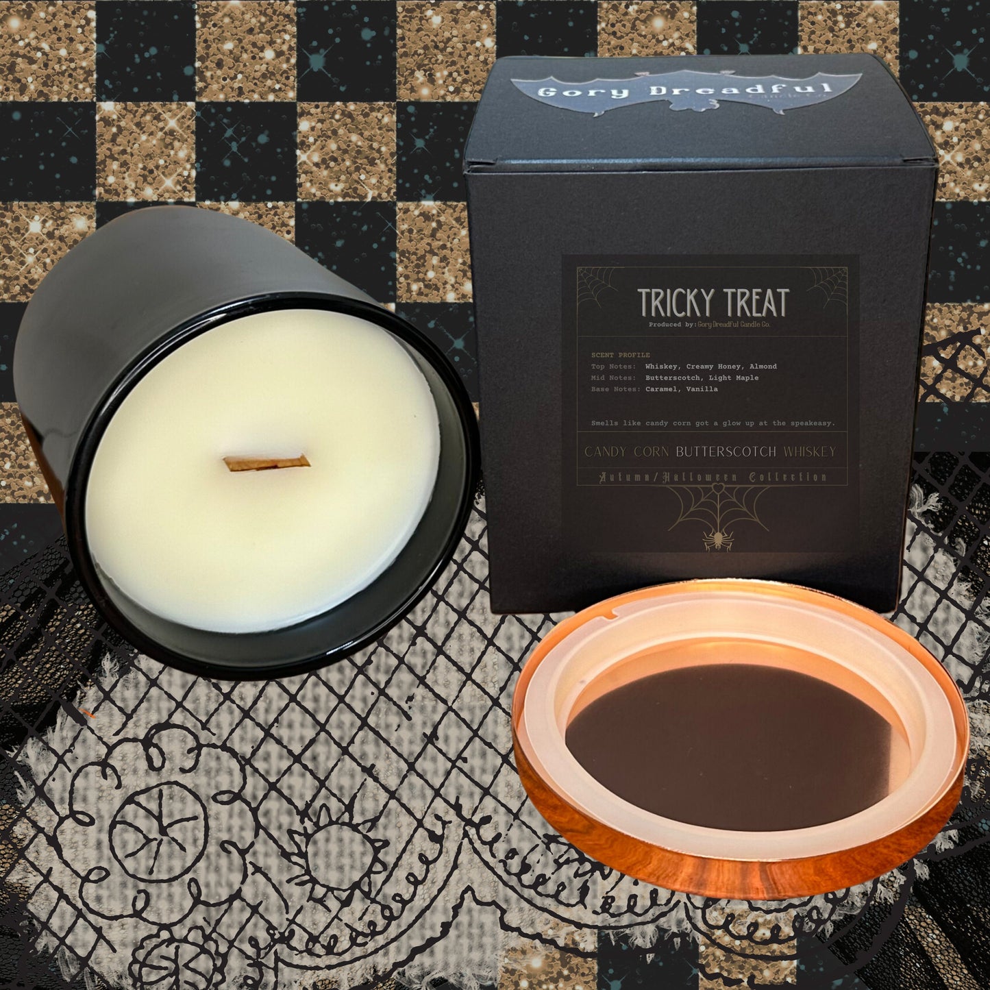 TRICKY TREAT Crackling Wooden Wick Luxury Candle: Candy Corn Butterscotch Whiskey Scent