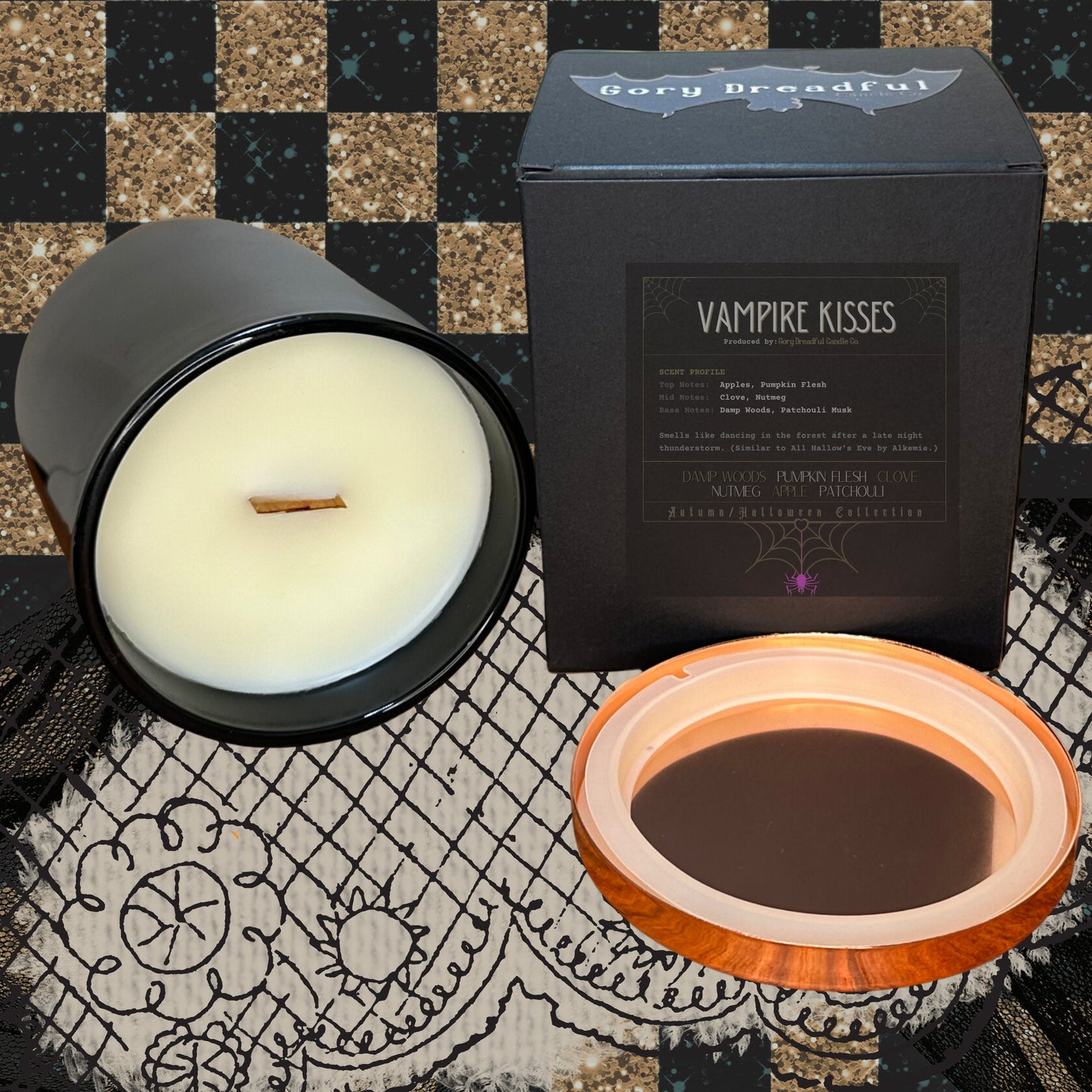 VAMPIRE KISSES Crackling Wooden Wick Luxury Candle: Damp Woods Pumpkin Flesh Clove Nutmeg Apple Patchouli Scent