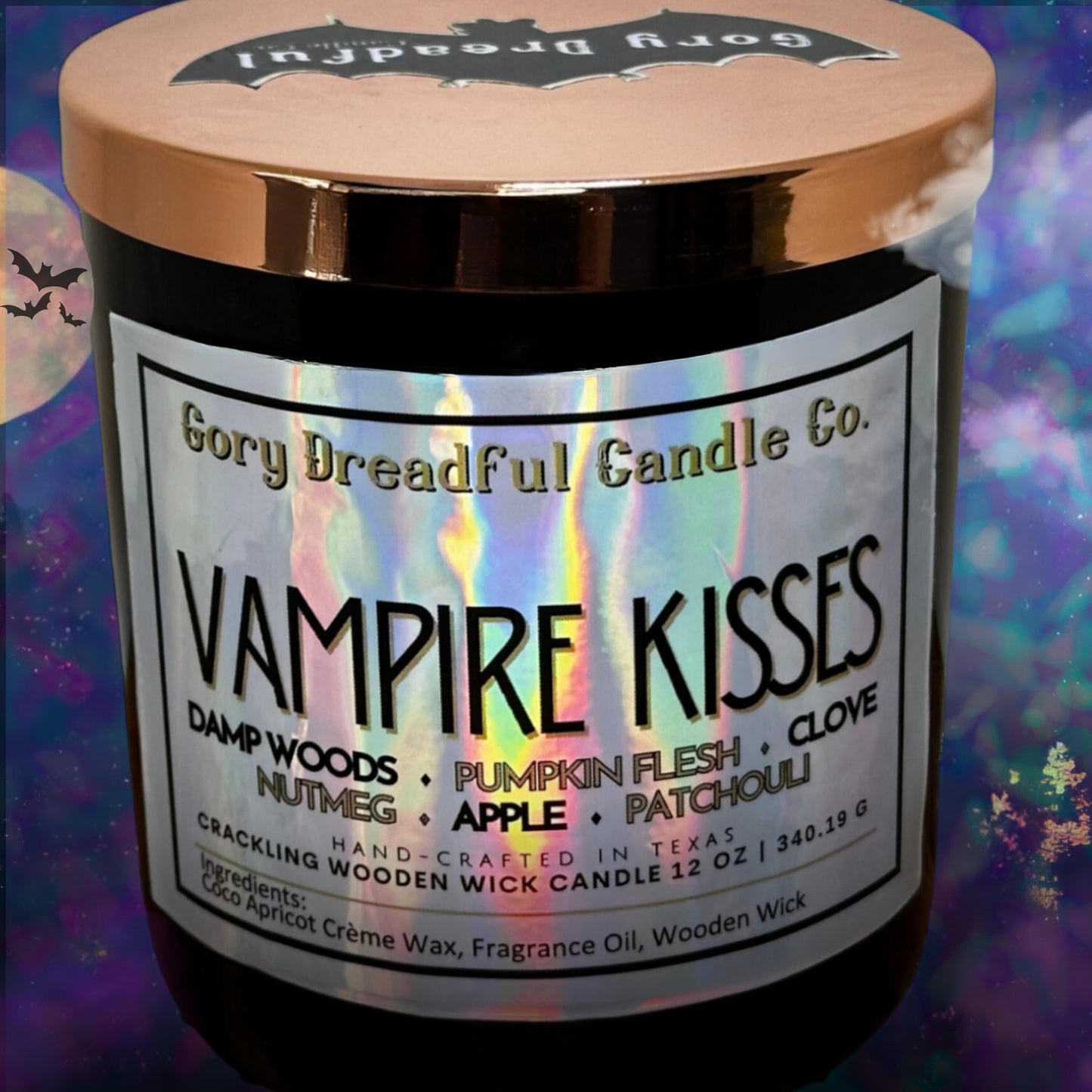 VAMPIRE KISSES Crackling Wooden Wick Luxury Candle: Damp Woods Pumpkin Flesh Clove Nutmeg Apple Patchouli Scent