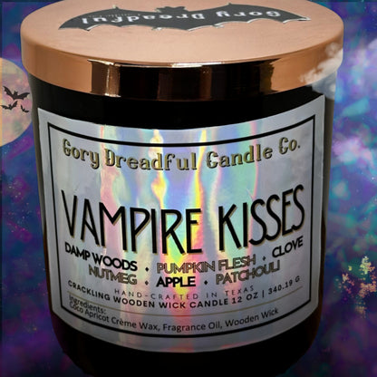 VAMPIRE KISSES Crackling Wooden Wick Luxury Candle: Damp Woods Pumpkin Flesh Clove Nutmeg Apple Patchouli Scent