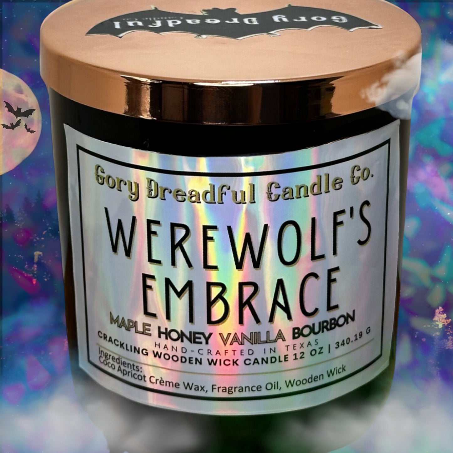 WEREWOLF'S EMBRACE Crackling Wooden Wick Luxury Candle: Maple Honey Vanilla Bourbon Scent