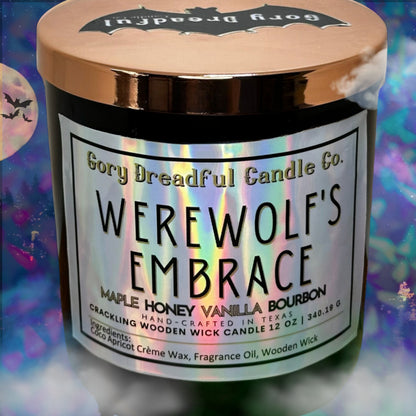 WEREWOLF'S EMBRACE Crackling Wooden Wick Luxury Candle: Maple Honey Vanilla Bourbon Scent