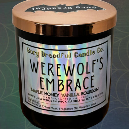 WEREWOLF'S EMBRACE Crackling Wooden Wick Luxury Candle: Maple Honey Vanilla Bourbon Scent