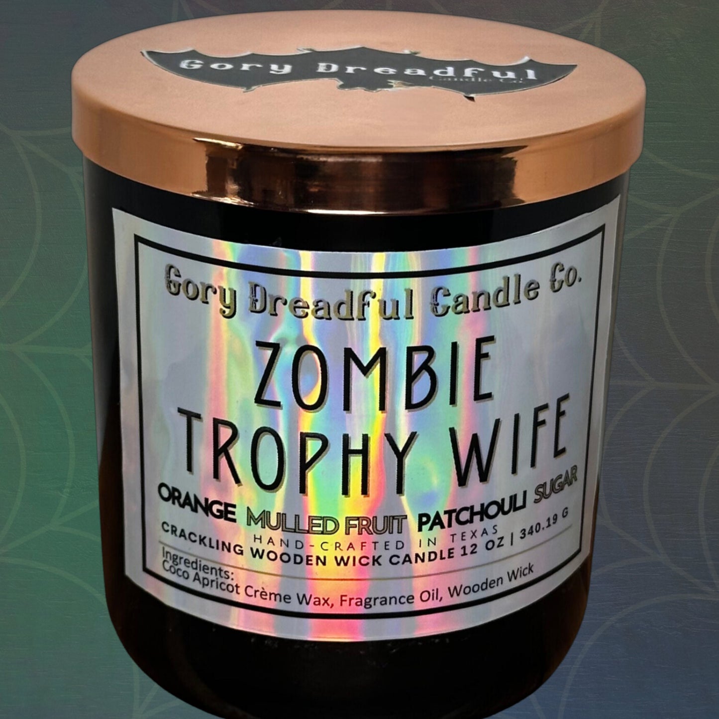 ZOMBIE TROPHY WIFE Crackling Wooden Wick Luxury Candle: Orange Mulled Fruit Patchouli Sugar Scent