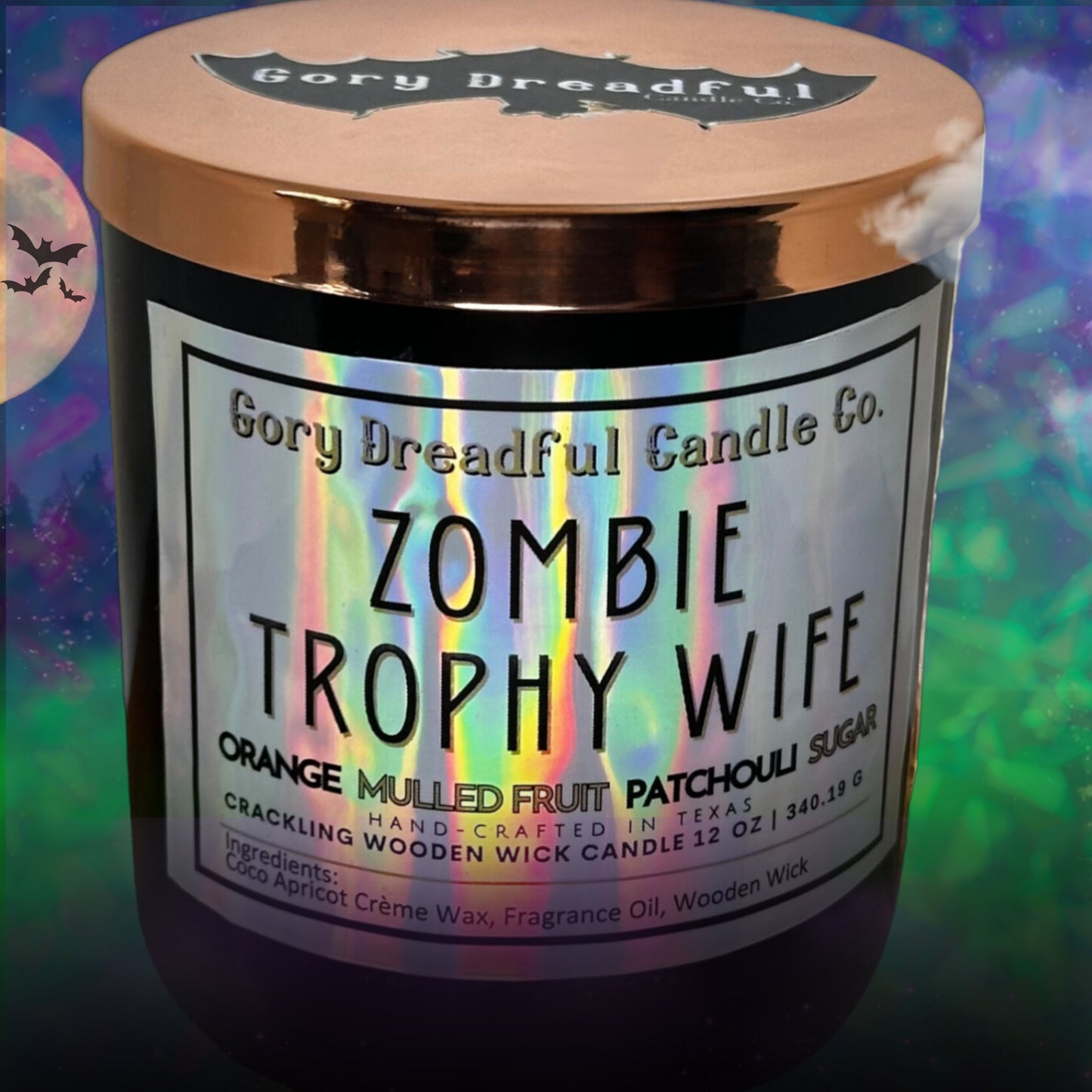 ZOMBIE TROPHY WIFE Crackling Wooden Wick Luxury Candle: Orange Mulled Fruit Patchouli Sugar Scent