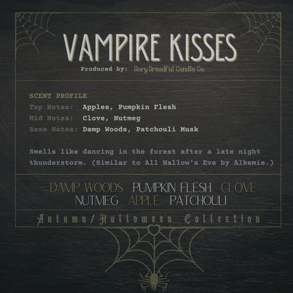VAMPIRE KISSES Wickless Luxury Candle: Damp Woods Pumpkin Flesh Clove Nutmeg Apple Patchouli Scent