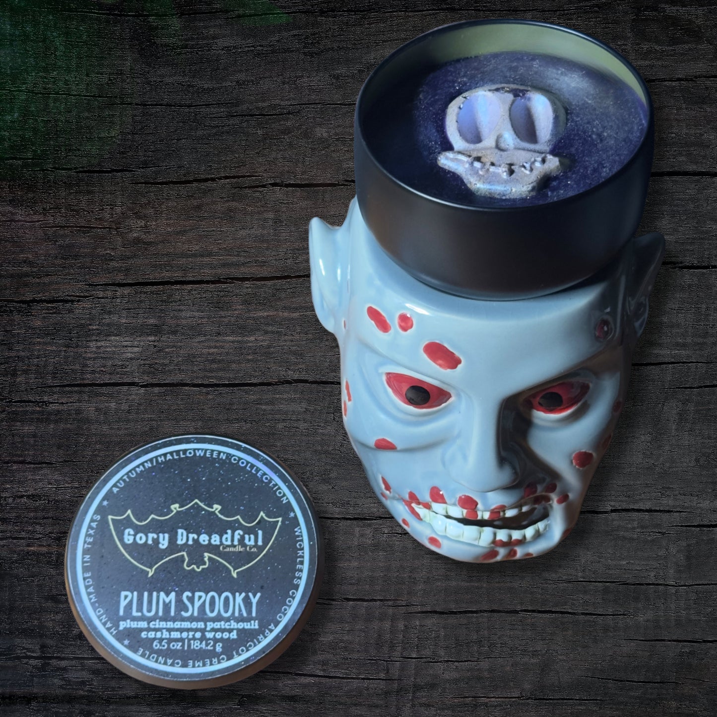 PLUM SPOOKY Wickless Luxury Candle: Plum Cinnamon Patchouli Leaf Cashmere Woods Scent