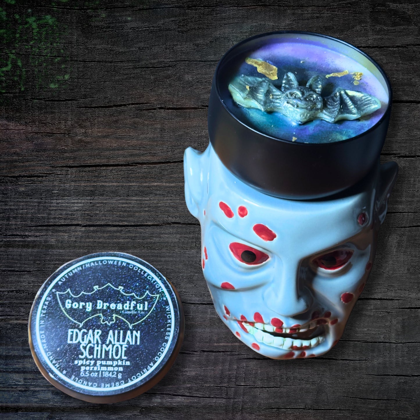 EDGAR ALLAN SCHMOE Wickless  Luxury Candle: Spicy Pumpkin Persimmon | Coco Apricot Creme Wax | 6.5 oz Boutique Tin | Halloween Gift