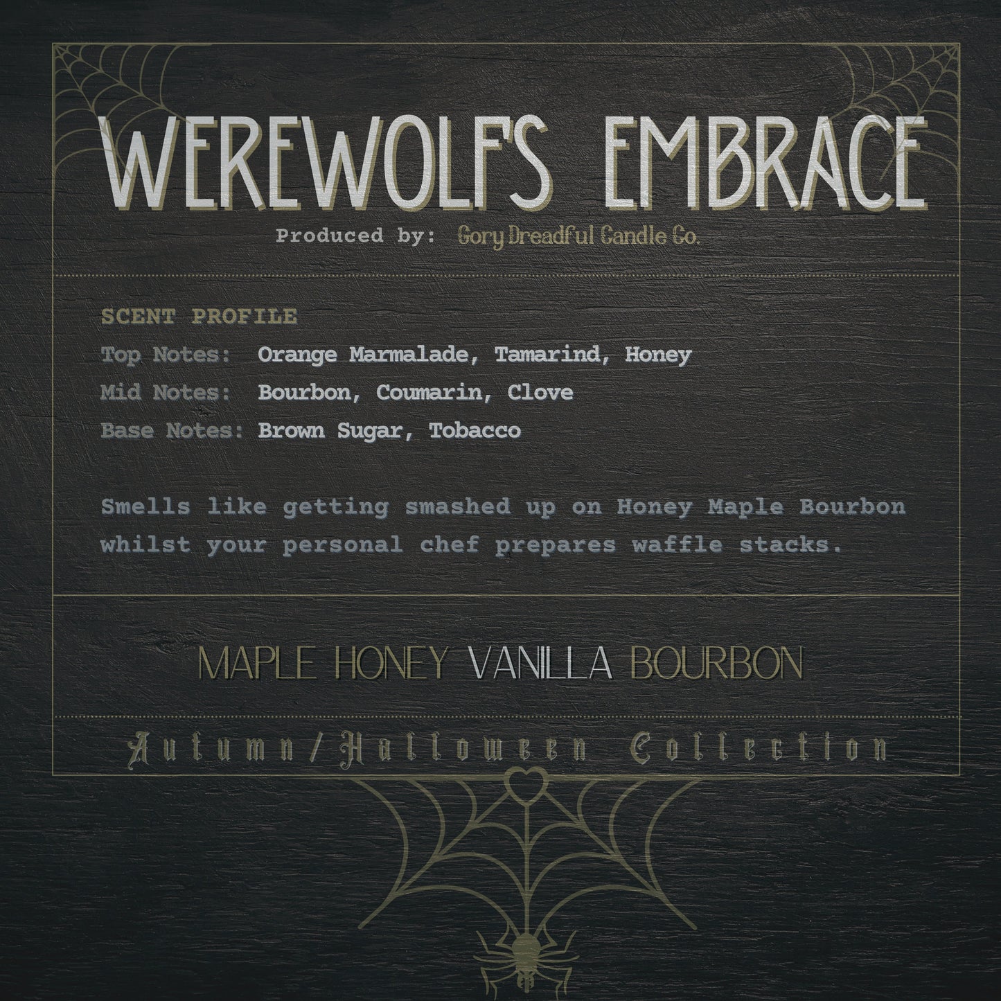 WEREWOLF'S EMBRACE Wickless Luxury Candle: Maple Honey Vanilla Bourbon Scent