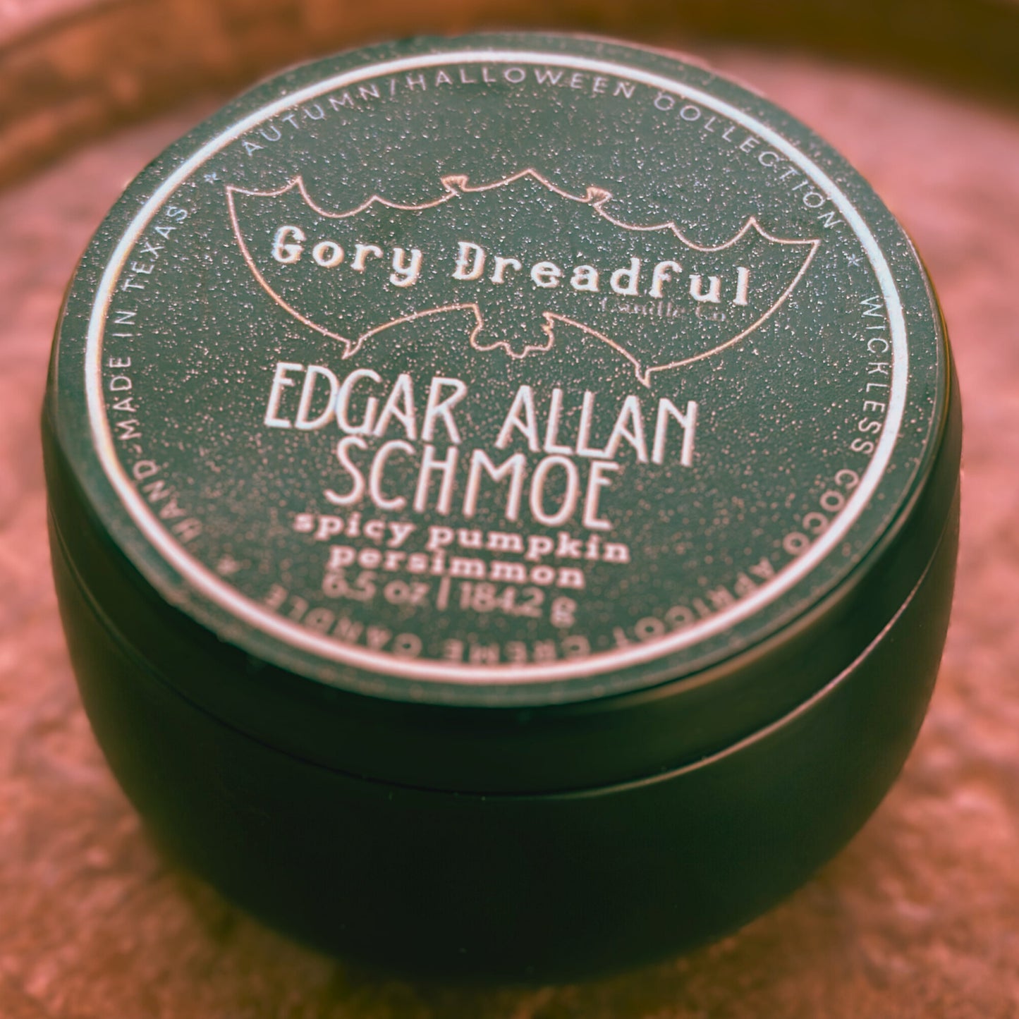 EDGAR ALLAN SCHMOE Wickless  Luxury Candle: Spicy Pumpkin Persimmon | Coco Apricot Creme Wax | 6.5 oz Boutique Tin | Halloween Gift