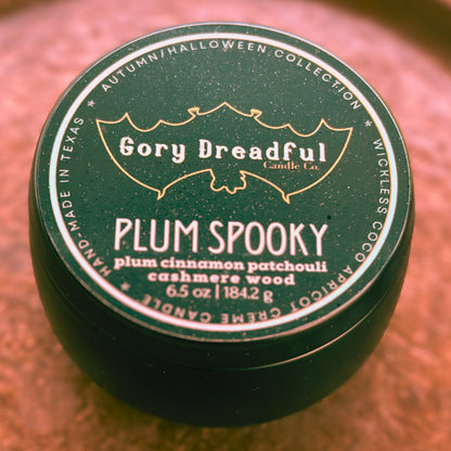 PLUM SPOOKY Wickless Luxury Candle: Plum Cinnamon Patchouli Leaf Cashmere Woods Scent