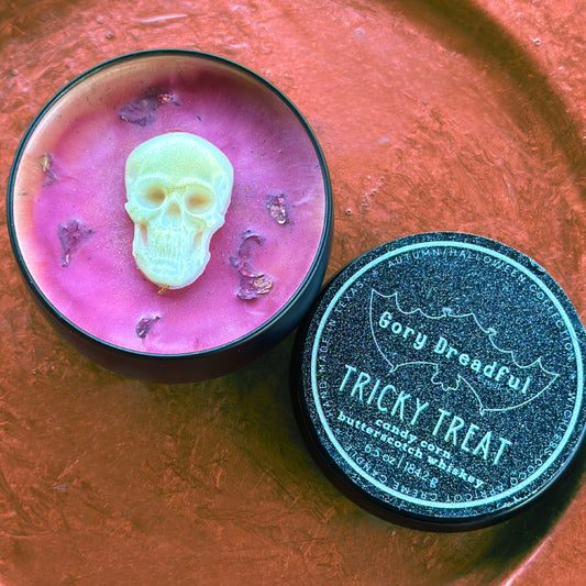 TRICKY TREAT Wickless Luxury Candle: Candy Corn Butterscotch Whiskey Scent