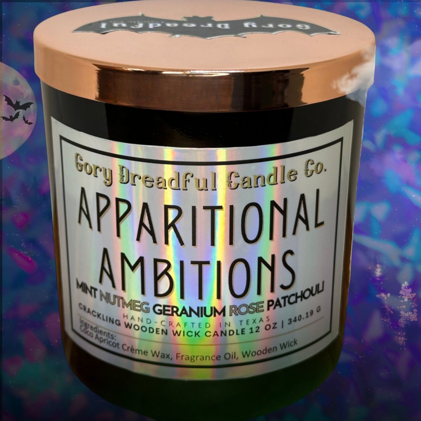 APPARITIONAL AMBITIONS Crackling Wooden Wick Luxury Candle: Mint Nutmeg Geranium Rose Patchouli Scent