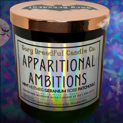 APPARITIONAL AMBITIONS Crackling Wooden Wick Luxury Candle: Mint Nutmeg Geranium Rose Patchouli Scent