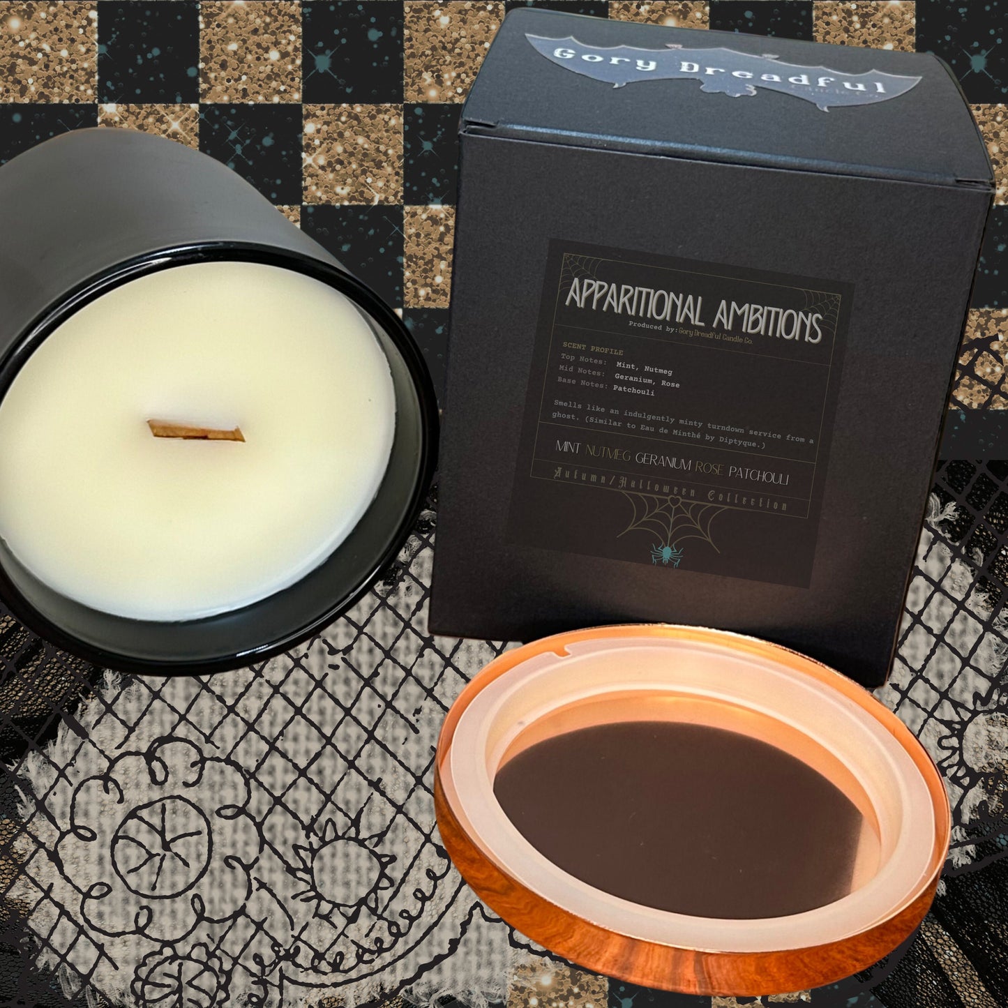 APPARITIONAL AMBITIONS Crackling Wooden Wick Luxury Candle: Mint Nutmeg Geranium Rose Patchouli Scent