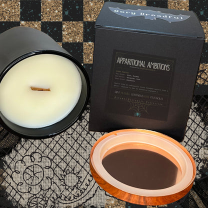 APPARITIONAL AMBITIONS Crackling Wooden Wick Luxury Candle: Mint Nutmeg Geranium Rose Patchouli Scent