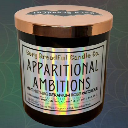 APPARITIONAL AMBITIONS Crackling Wooden Wick Luxury Candle: Mint Nutmeg Geranium Rose Patchouli Scent