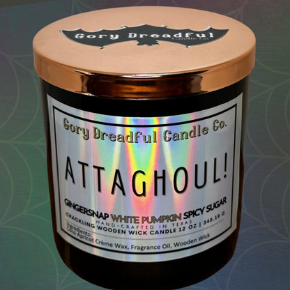 ATTAGHOUL! Crackling Wooden Wick Luxury Candle: Gingersnap White Pumpkin Spicy Sugar Scent