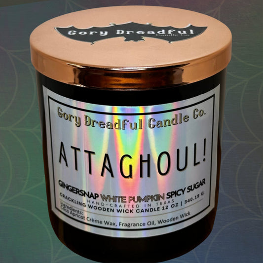 ATTAGHOUL! Crackling Wooden Wick Luxury Candle: Gingersnap White Pumpkin Spicy Sugar Scent