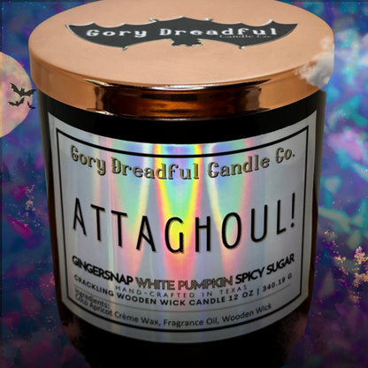 ATTAGHOUL! Crackling Wooden Wick Luxury Candle: Gingersnap White Pumpkin Spicy Sugar Scent
