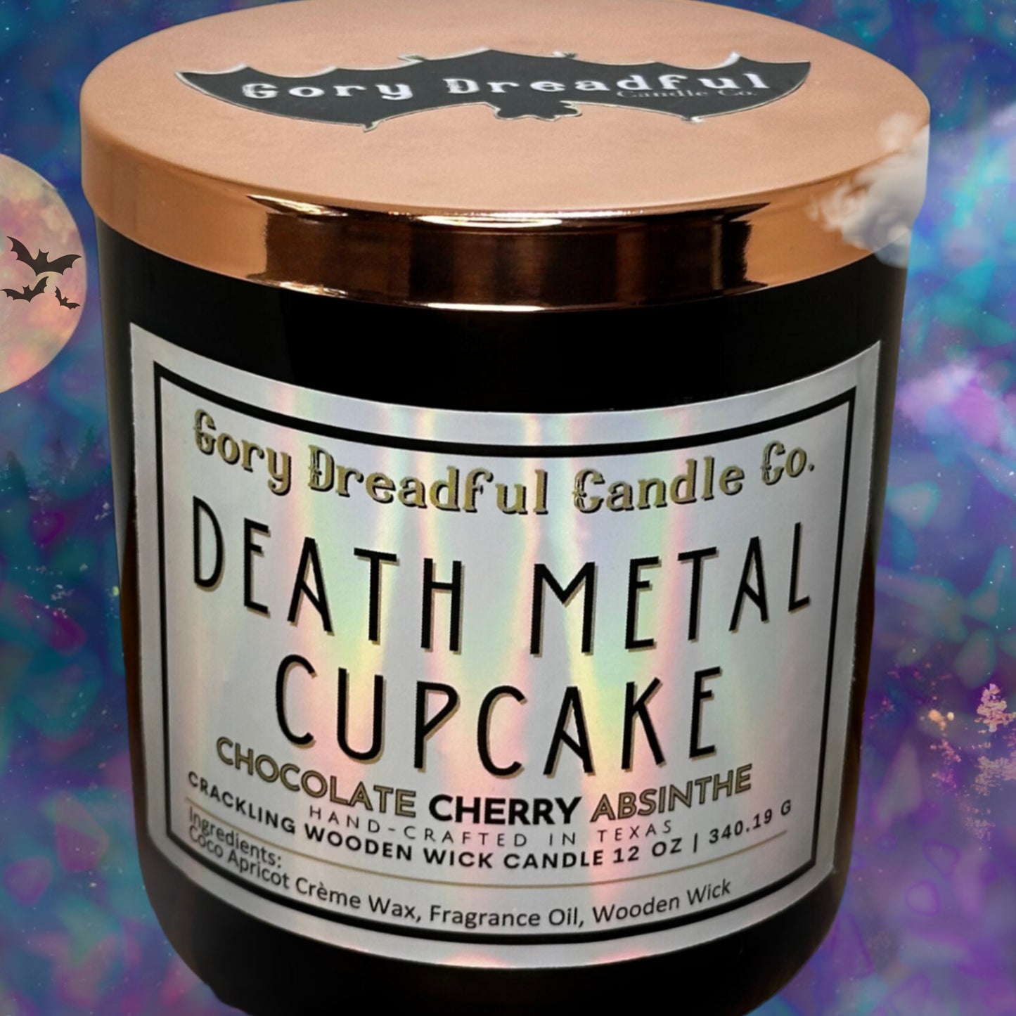 DEATH METAL CUPCAKE Crackling Wooden Wick Luxury Candle: Chocolate Cherry Absinthe Scent