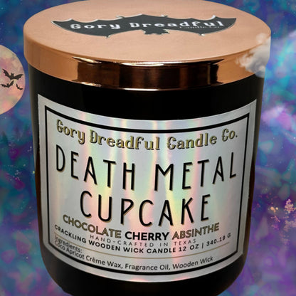 DEATH METAL CUPCAKE Crackling Wooden Wick Luxury Candle: Chocolate Cherry Absinthe Scent