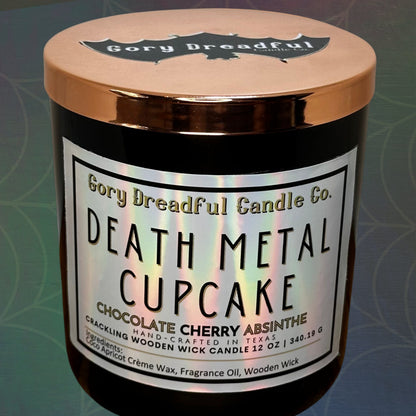 DEATH METAL CUPCAKE Crackling Wooden Wick Luxury Candle: Chocolate Cherry Absinthe Scent
