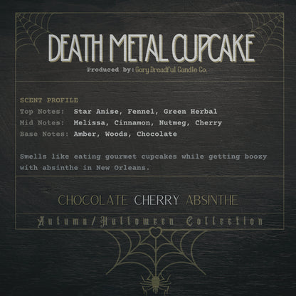 DEATH METAL CUPCAKE Crackling Wooden Wick Luxury Candle: Chocolate Cherry Absinthe Scent