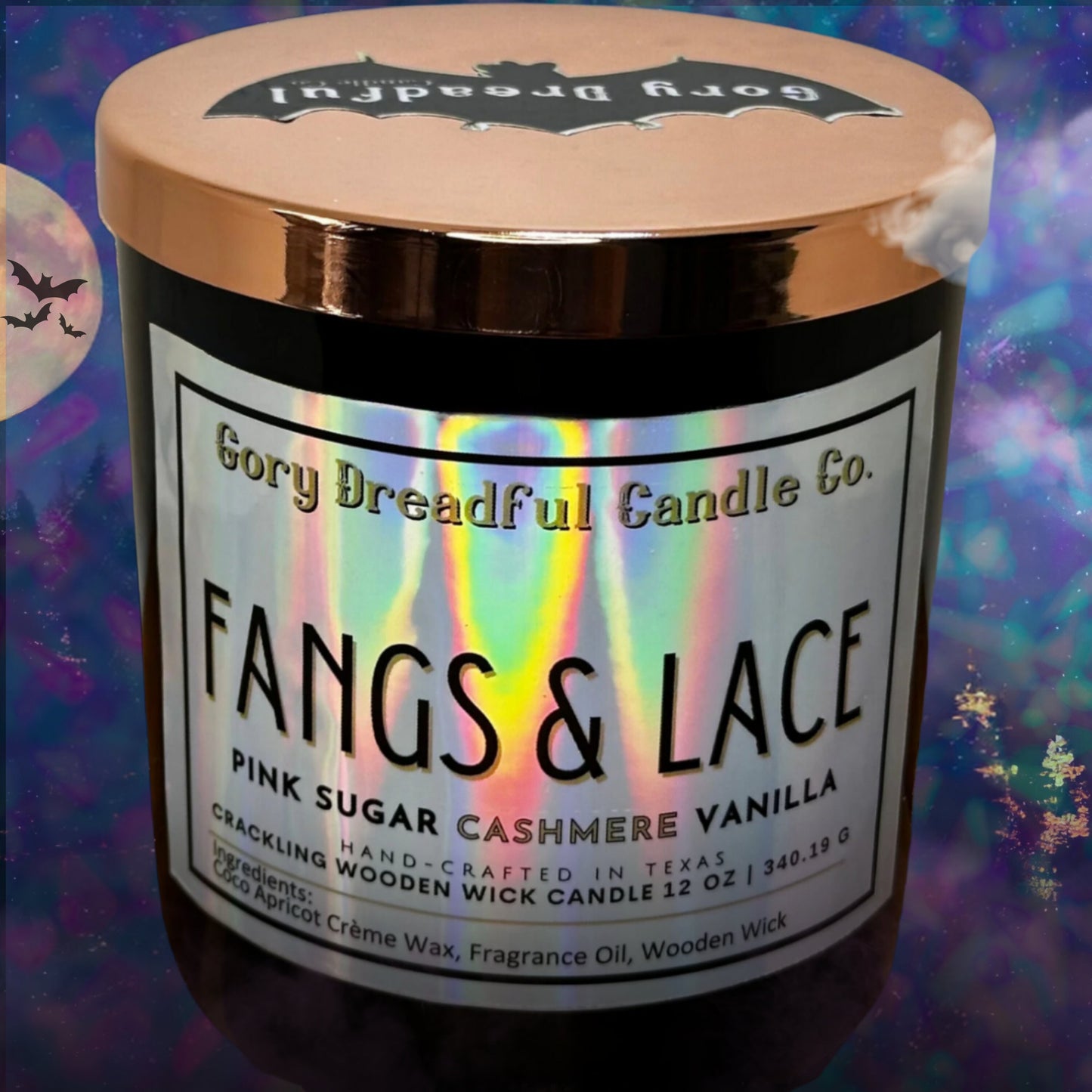 FANGS & LACE Crackling Wooden Wick Luxury Candle: Cashmere Pink Sugar Scent