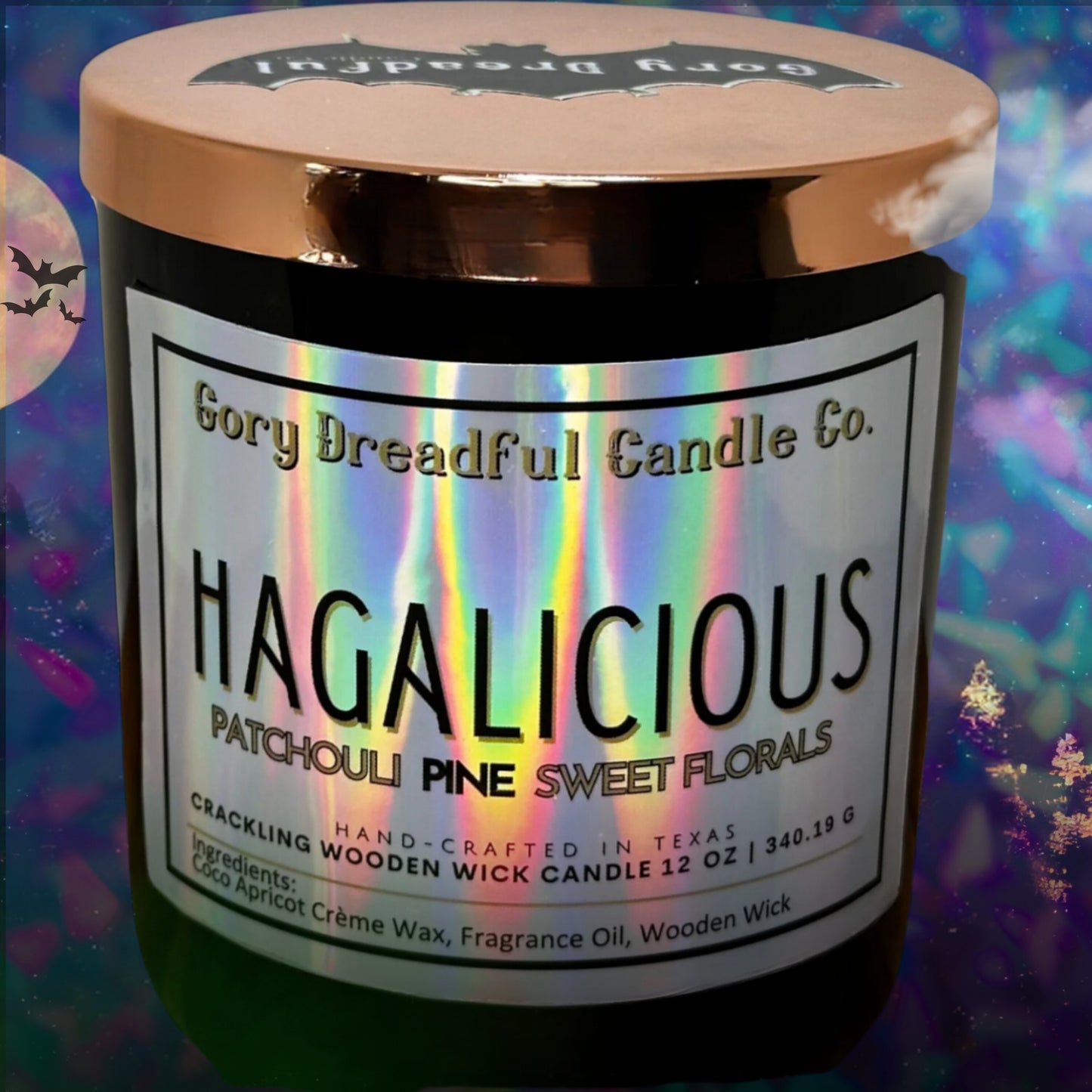 HAGALICIOUS Crackling Wooden Wick Luxury Candle: Patchouli Pine Sweet Florals Scent