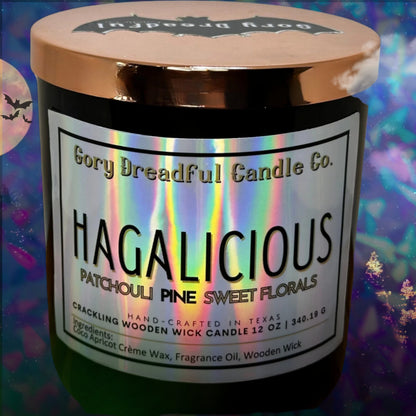 HAGALICIOUS Crackling Wooden Wick Luxury Candle: Patchouli Pine Sweet Florals Scent