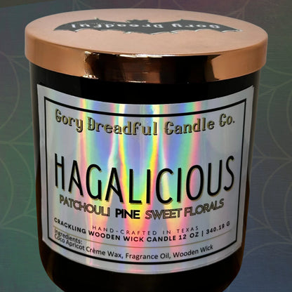 HAGALICIOUS Crackling Wooden Wick Luxury Candle: Patchouli Pine Sweet Florals Scent