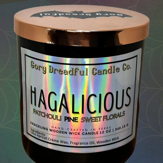 HAGALICIOUS Crackling Wooden Wick Luxury Candle: Patchouli Pine Sweet Florals Scent