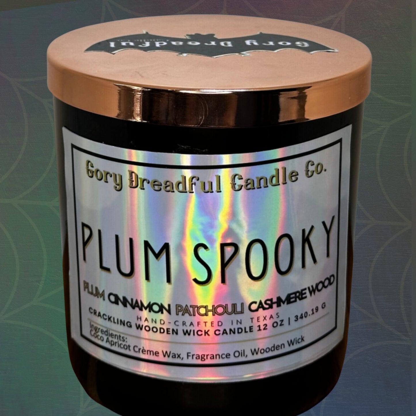 PLUM SPOOKY Luxury Crackling Wooden Wick Candle: Plum Cinnamon Patchouli Leaf Cashmere Woods Scent