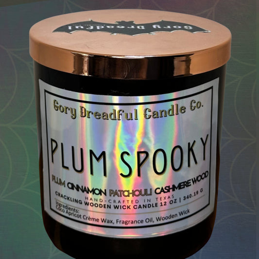 PLUM SPOOKY Luxury Crackling Wooden Wick Candle: Plum Cinnamon Patchouli Leaf Cashmere Woods Scent