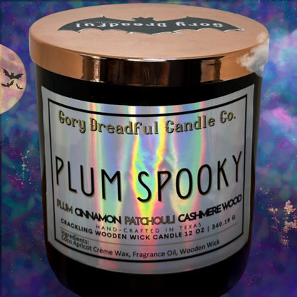 PLUM SPOOKY Luxury Crackling Wooden Wick Candle: Plum Cinnamon Patchouli Leaf Cashmere Woods Scent